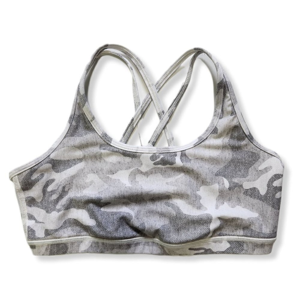 Wear‎ It To Heart WITH Sports Bra Womens M Gray Camo Strappy Cross Back Athletic